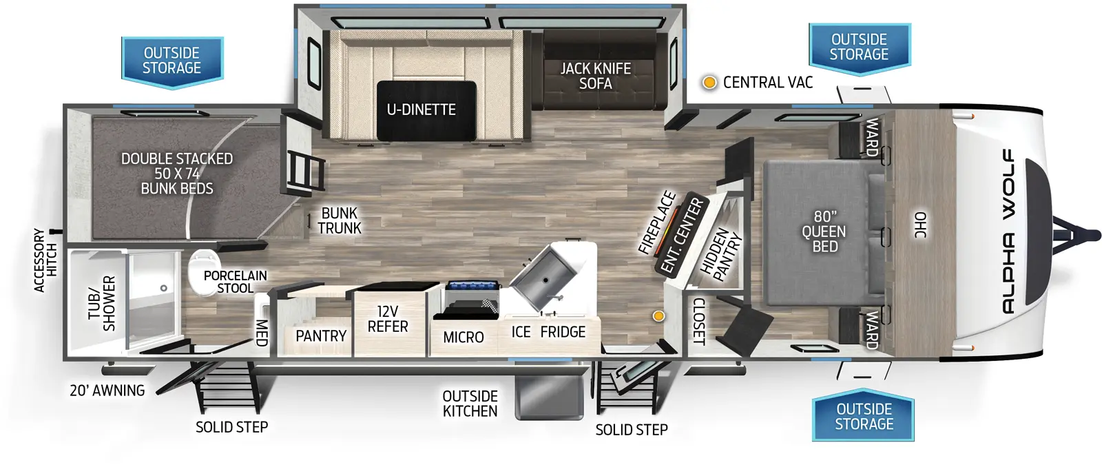 The 26DBH has one slideout and two entries. Exterior features a 20 foot awning, SolidStep entries, outside storage, outside kitchen with ice maker and refrigerator, and rear accessory hitch. Interior layout front to back: foot-facing queen bed with overhead cabinet and wardrobes on each side, and a door side closet; entertainment center with fireplace below along inner wall with hidden pantry behind; off-door side slideout with jack knife sofa and u-dinette; door side entry, kitchen counter with sink and cooktop, overhead cabinet with microwave, 12 volt refrigerator, and pantry; rear door side full bathroom with porcelain stool, medicine cabinet, and second entry door; rear off-door side double stacked bunk beds.